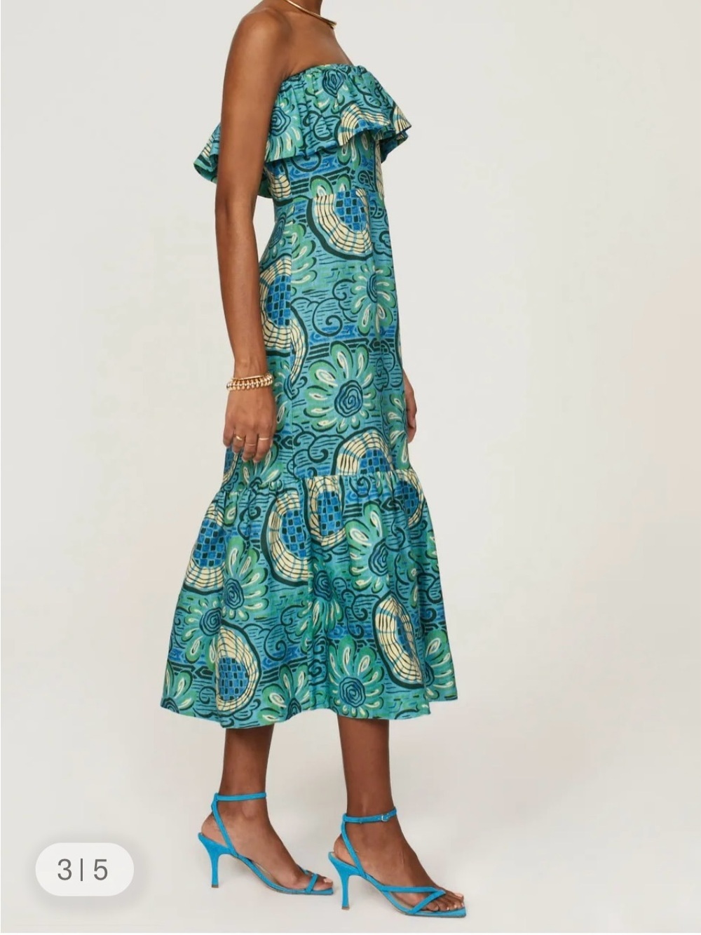 RHODE Teal and Green Strapless Ruffle Midi Dress Size 12 - Picture 2 of 16